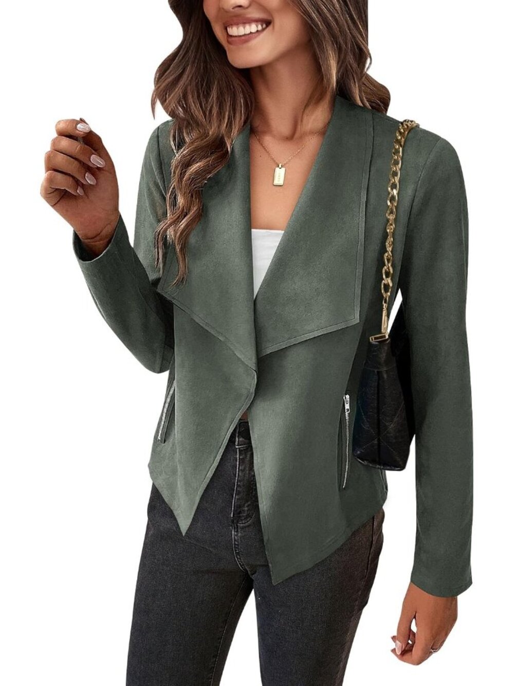 Women's Light Green Suede Open Front Waterfall Collar Long Sleeve Draped Jacket